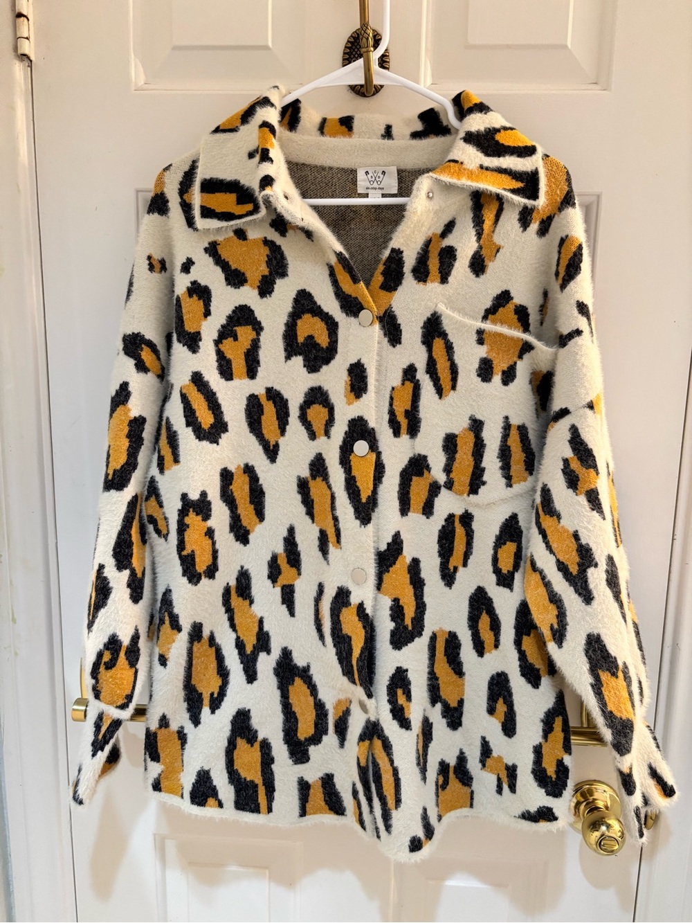 Six.Crisp.Days Cozy Leopard-Print Button-Up Sweater Jacket - White/Gold/Black